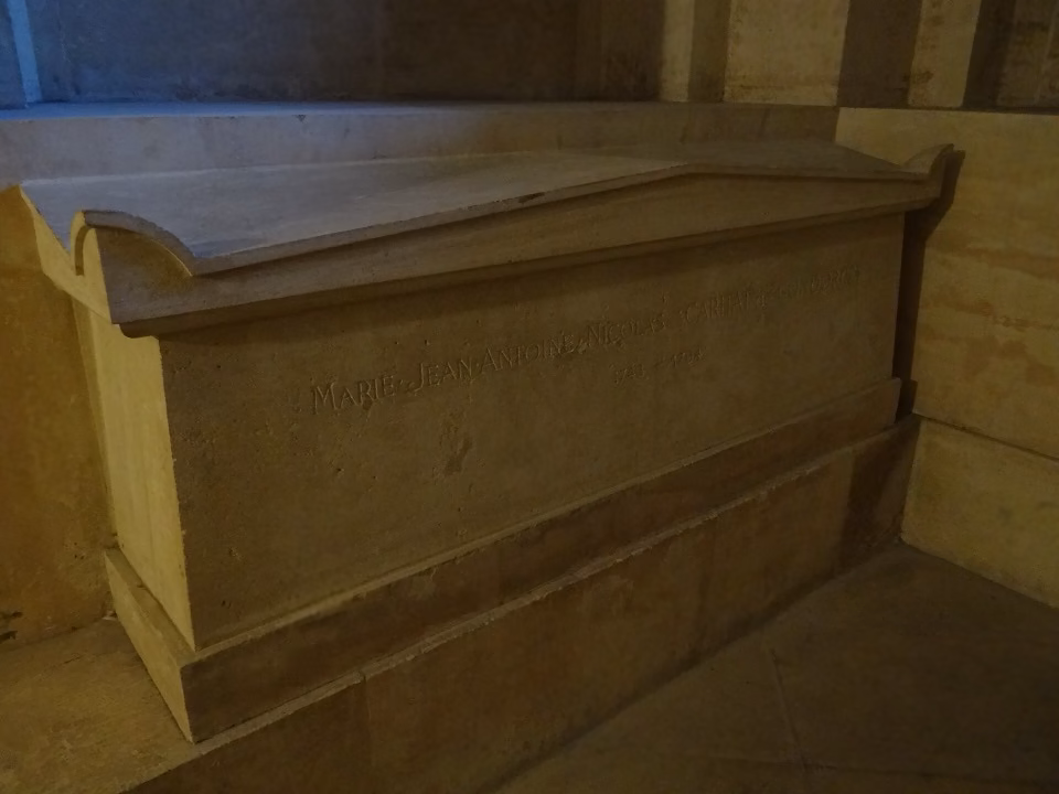 Stone sarcophagus engraved with his name, in the crypt of the Panthéon
